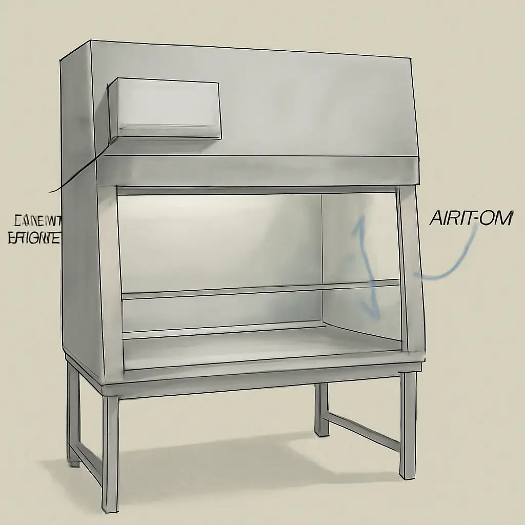A realistic illustration of a biosafety cabinet with labeled components, showing the HEPA filter, sash, and airflow direction. Alt: Biosafety cabinet labeled diagram.