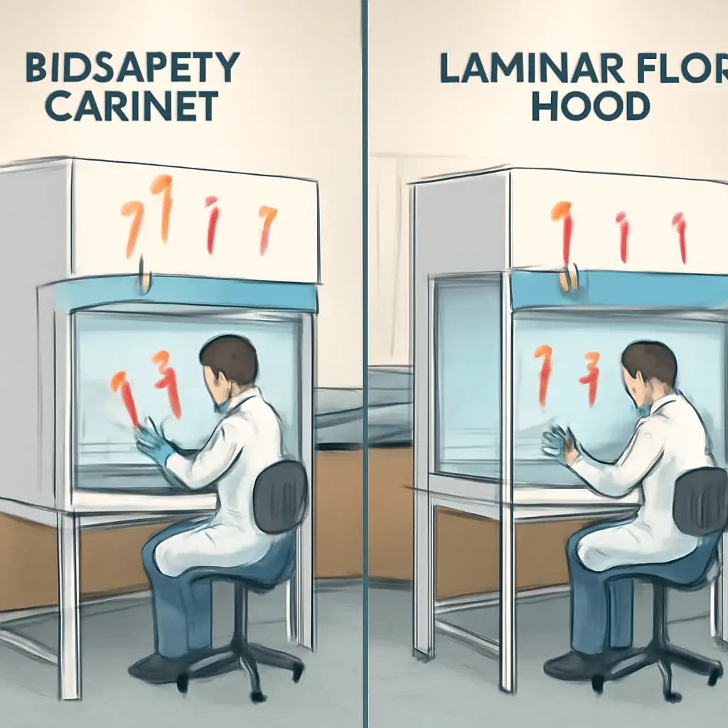 A side‑by‑side illustration of a biosafety cabinet and a laminar flow hood with annotated airflow directions, in a modern university lab setting. Alt: Biosafety cabinet vs laminar flow hood comparison