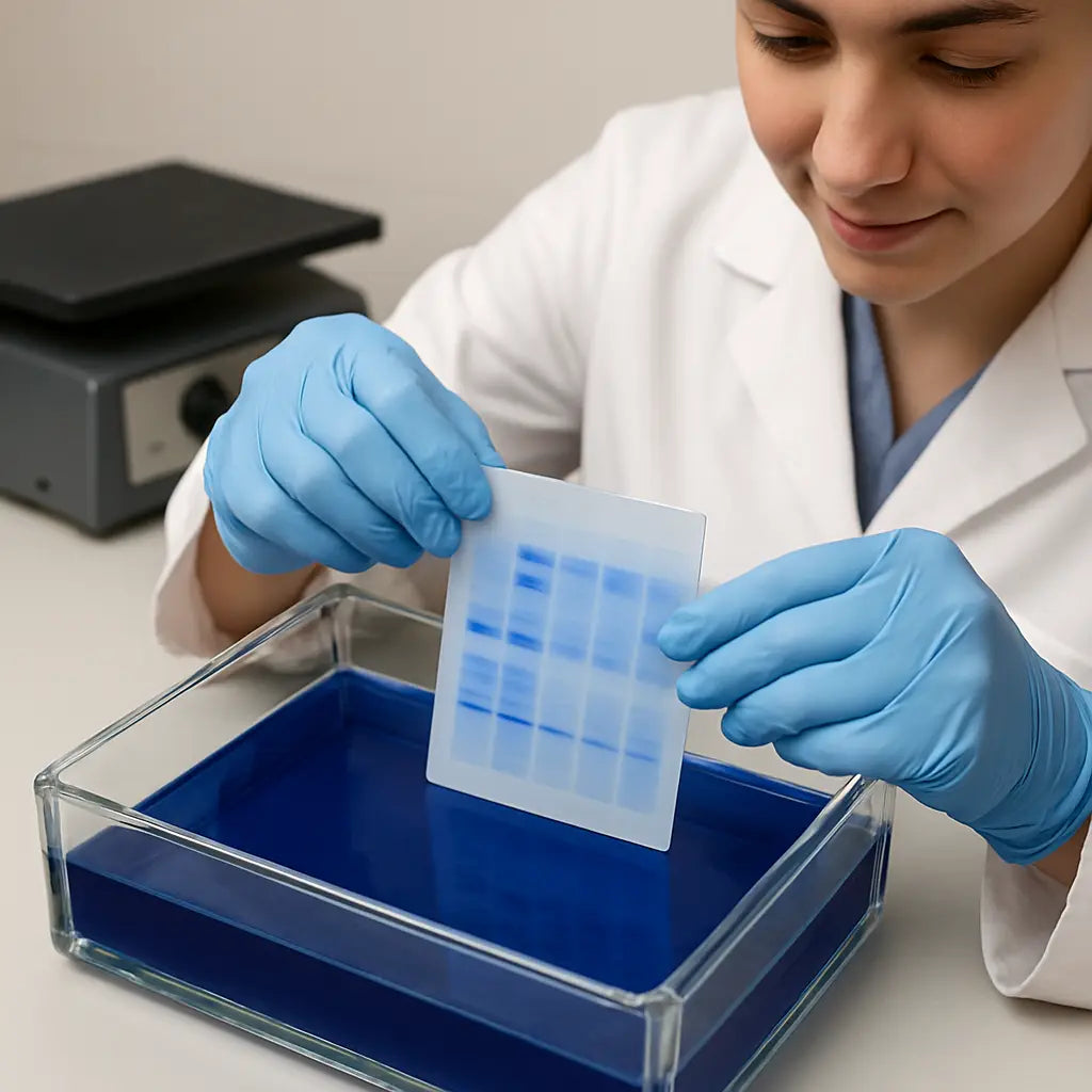 A lab technician gently placing a freshly run SDS‑PAGE gel into a glass staining tray filled with cobalt blue solution, with a low‑speed rocker humming in the background. Alt: coomassie blue staining protocol preparation illustration.