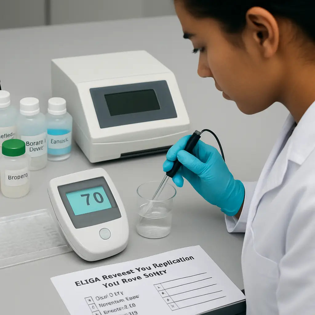 A lab bench with neatly arranged ELISA reagents, a microplate reader, and a researcher checking the pH of a buffer solution. Alt: ELISA reagent verification and plate setup checklist on a lab bench.