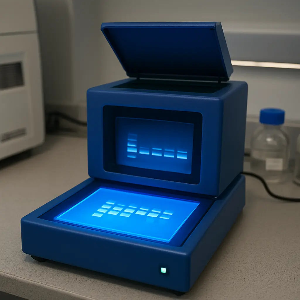 A modern lab bench with a blue‑light gel imager and agarose gel loaded with DNA bands, the glow illuminating the lanes. Alt: DNA gel imaging with blue light.
