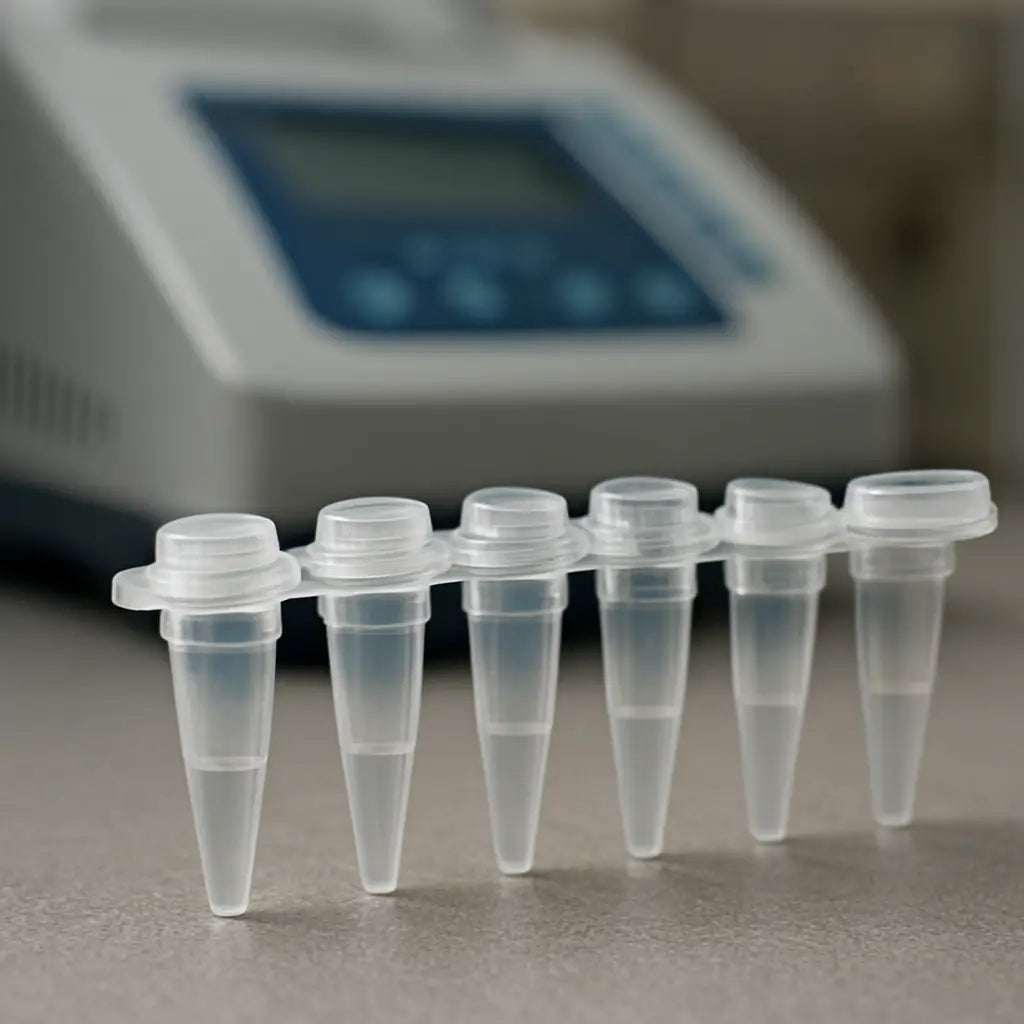 A photorealistic close‑up of a PCR strip tube with attached caps, showing the snap‑fit mechanism and ribbed cap underside, placed on a lab bench with a thermal cycler in the background. Alt: Detailed view of PCR strip tubes with attached caps for genomics research.