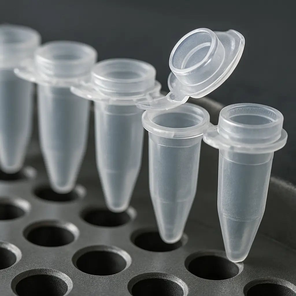 A photorealistic close‑up of a row of PCR strip tubes with attached caps sitting in a thermal cycler block, showing one cap slightly ajar to illustrate a common popping issue, with clear lighting highlighting the polypropylene texture and snap‑fit ridge. Alt: PCR strip tubes with attached caps troubleshooting common issues.