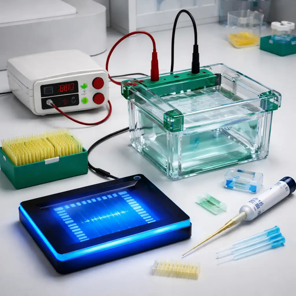 A photorealistic laboratory bench showing a complete gel electrophoresis kit assembled with power supply, acrylic tank, blue‑light LED transilluminator, reusable loading tips, and a labeled ladder marker, emphasizing cost‑effective components for academic and research labs. Alt: Detailed view of gel electrophoresis kit components highlighting affordability and functionality.