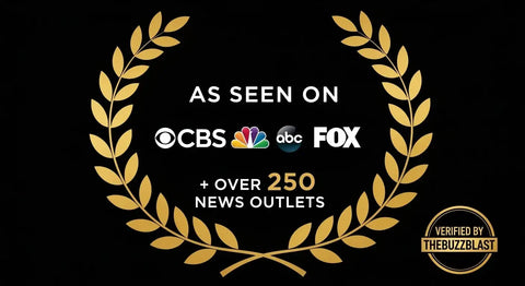 Golden laurel wreath graphic framing the text ’as seen on cbs, nbc, abc, fox + over 250 news outlets’ with a ’verified by thebuzzblast’ seal.