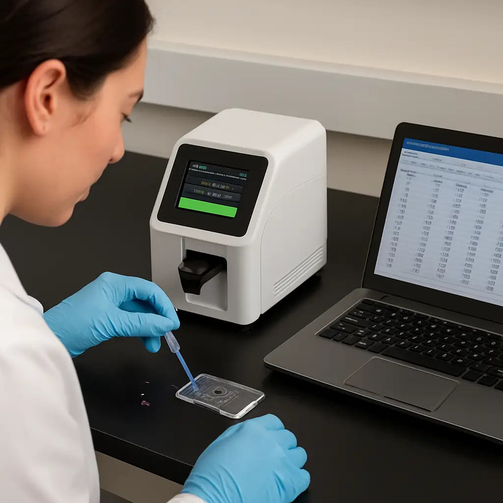A lab bench showing a researcher loading a hemocytometer and an automated cell counter side by side, with droplets of cell suspension and a laptop displaying spreadsheet data. Alt: Step‑by‑step workflow from sample prep to data analysis in cell counting.