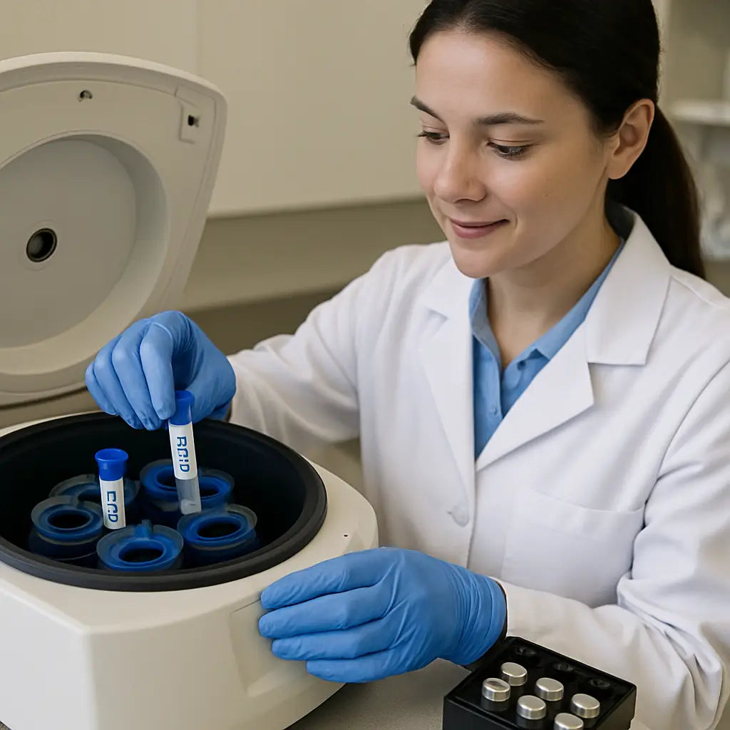 A lab technician loading a benchtop centrifuge with balanced tubes and weight tubes, showing clear labeling on each tube. Alt: How to prepare a centrifuge and gather balance weights for lab use.