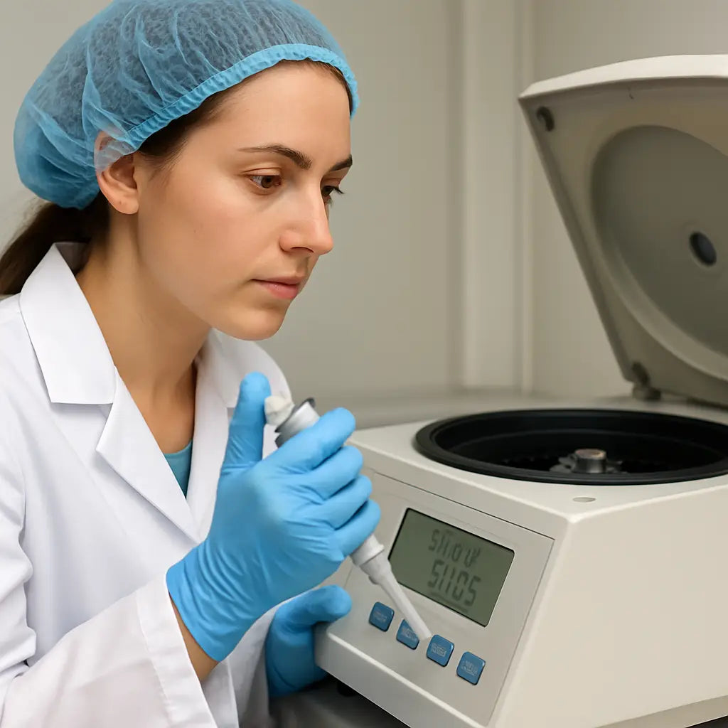 A lab technician watching a centrifuge display while holding a micro‑pipette, focusing on the balance read‑out. Alt: Interpreting centrifuge balance results and fine‑tuning tube weights