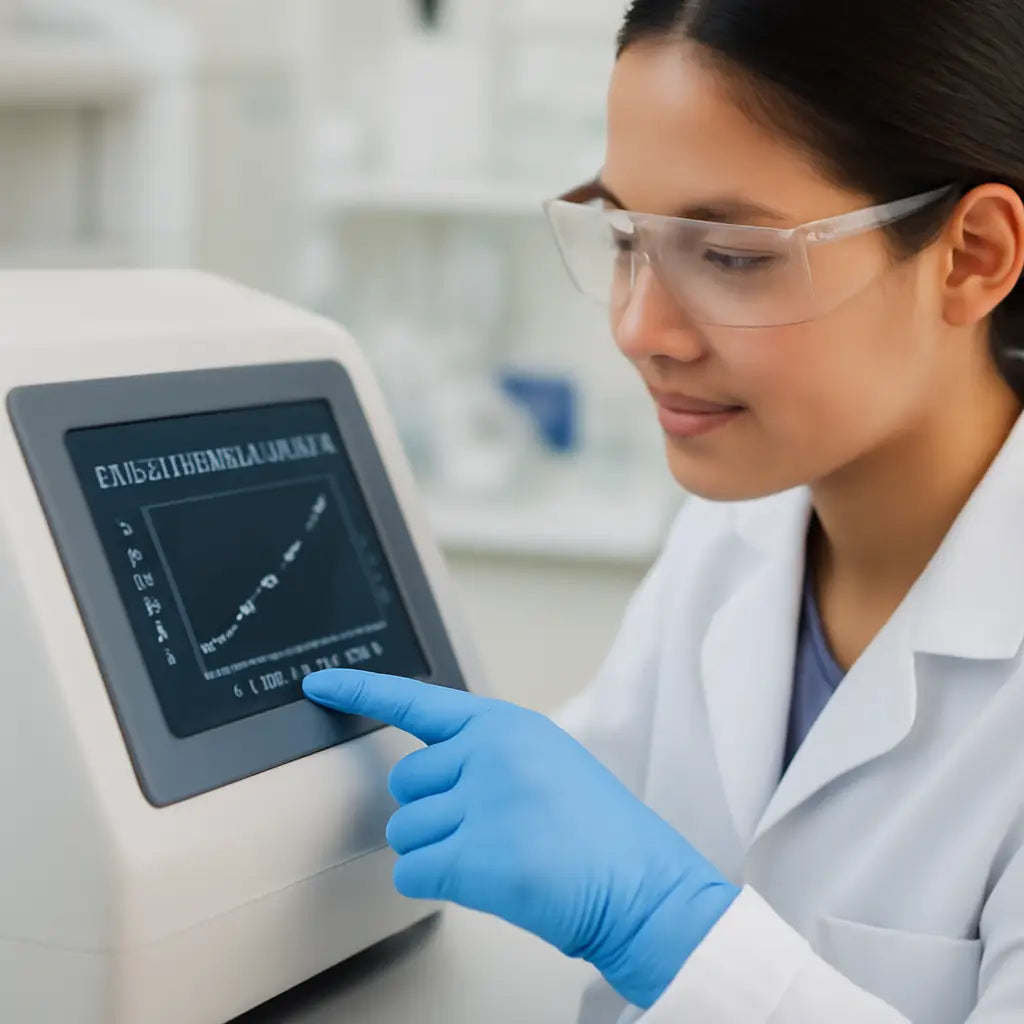 A laboratory technician adjusting the calibration curve settings on a spectrophotometer display. Alt: Calibration curve selection in a lab environment.