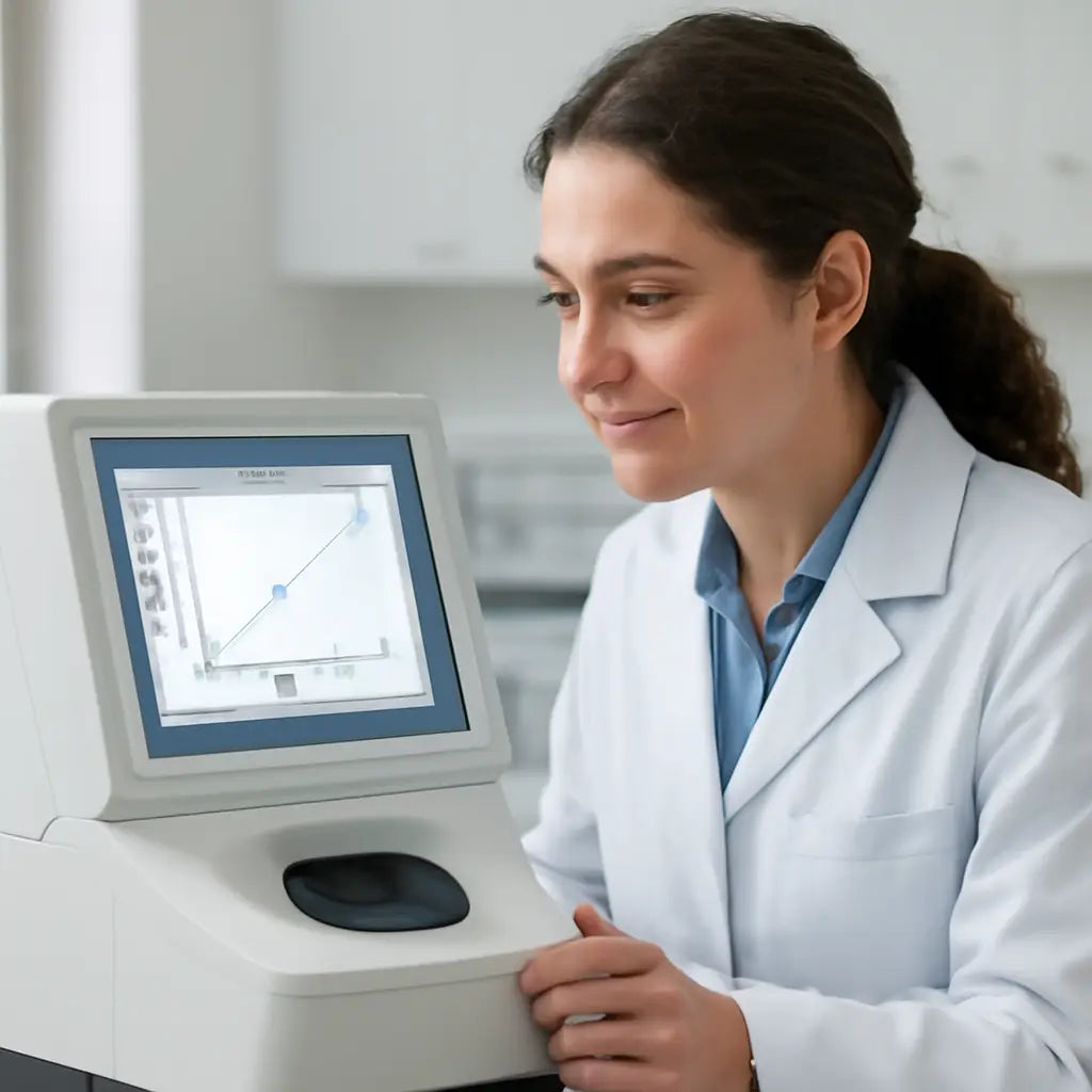 A technician viewing a calibration curve on a spectrophotometer screen, with a clean lab environment in the background. Alt: Calibration curve verification on spectrophotometer