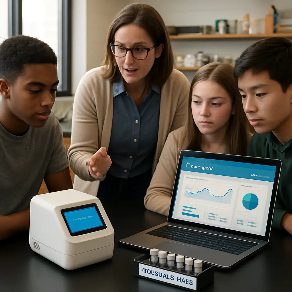 A photorealistic scene of a high‑school science lab bench with a compact portable sequencer, labeled consumable tubes, a laptop displaying a cloud‑based dashboard, and a teacher guiding a group of students through the first run. Alt: Choosing affordable sequencing equipment for classrooms – final purchase decision.