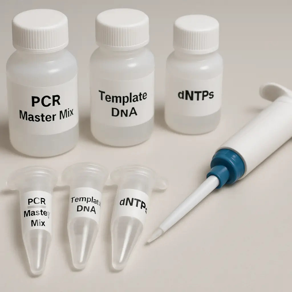 A clean laboratory bench with labeled PCR tubes, a pipette, and reagent bottles arranged in the order of addition for a master mix. Alt: Detailed view of PCR master mix components on a lab bench.