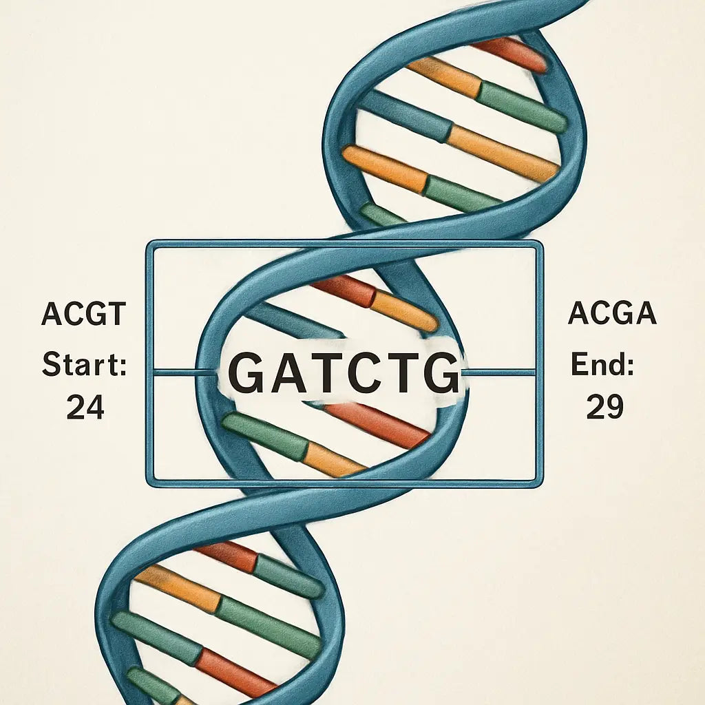 A detailed illustration of a DNA strand with a highlighted target region and flanking bases, showing start and end coordinates. Alt: 