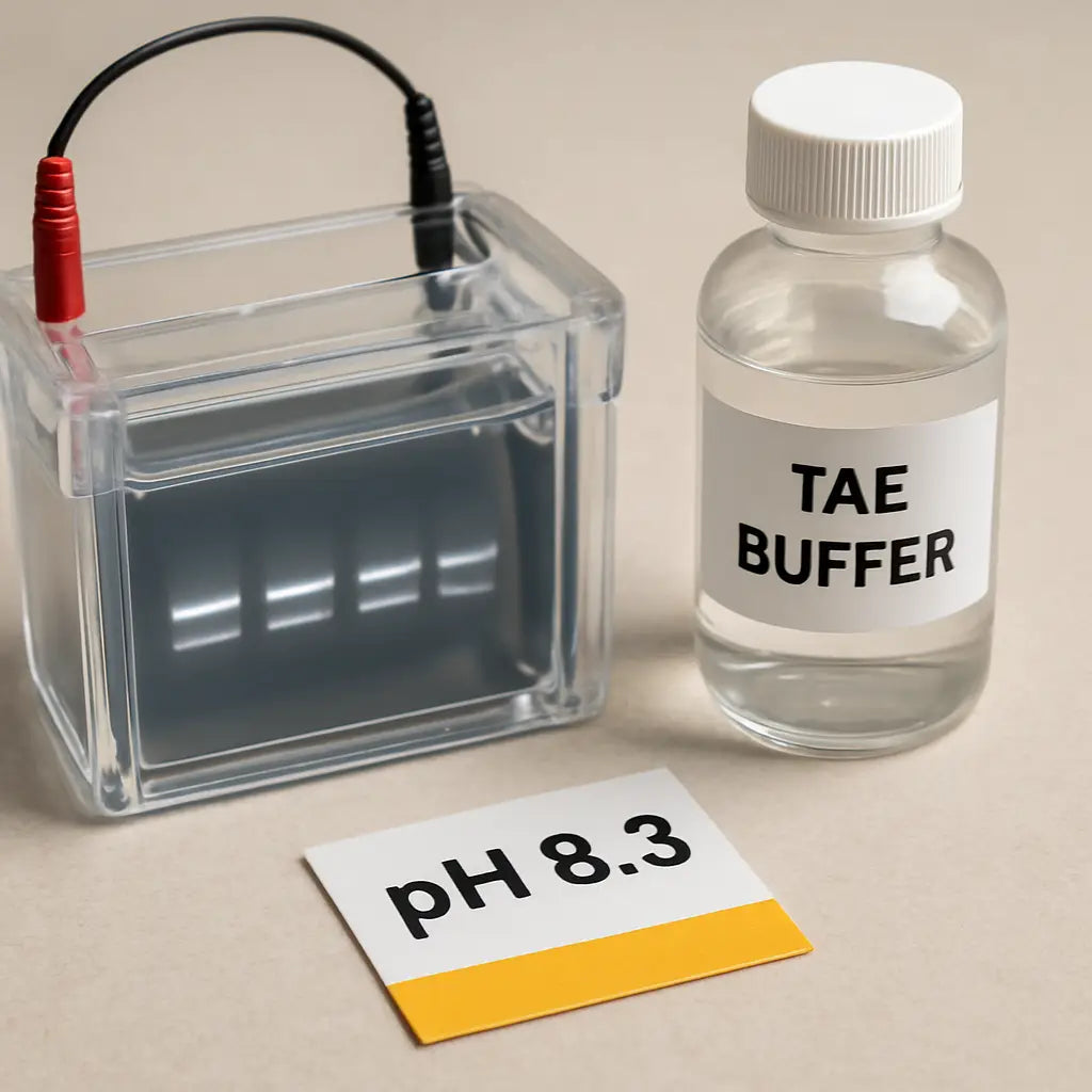 An agarose gel electrophoresis tank with clear, sharp DNA bands, a bottle of freshly prepared TAE buffer beside it, and a pH strip showing pH 8.3. Alt: gel electrophoresis buffer selection and pH check for crisp bands.