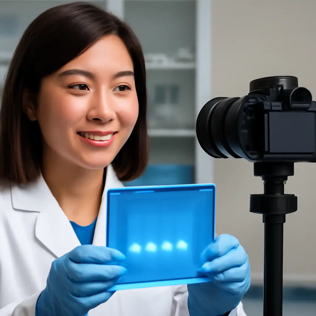 A scientist in a lab coat holding a gel tray with a camera pointing at it, highlighting the process of capturing a gel image. Alt: Gel documentation workflow illustration.