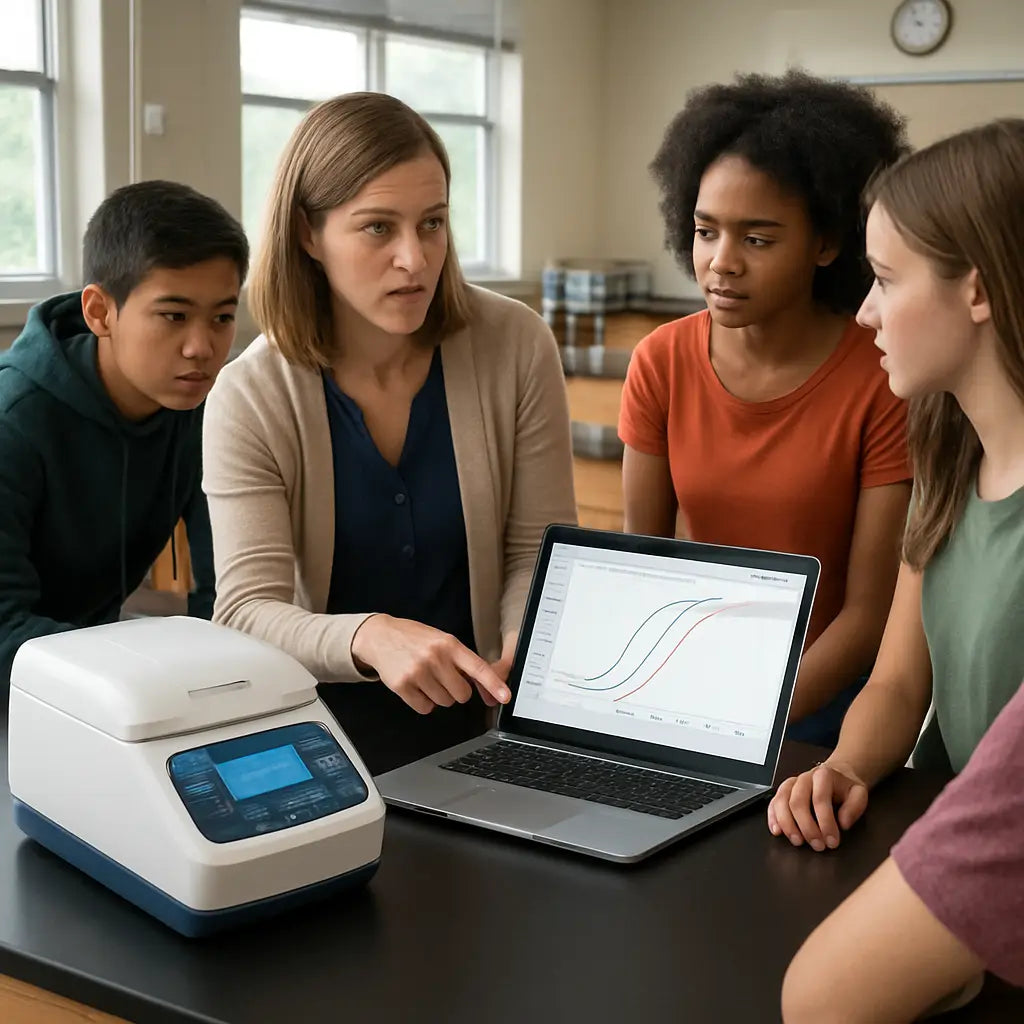 Photorealistic classroom PCR setup in a US high‑school lab, a compact benchtop PCR machine on a clean bench, students clustered around a teacher who points at a laptop displaying amplification curves; natural daylight, organized lab stations, emphasis on accessibility and easy UI. Alt: Realistic classroom PCR learning scene in a US school lab.