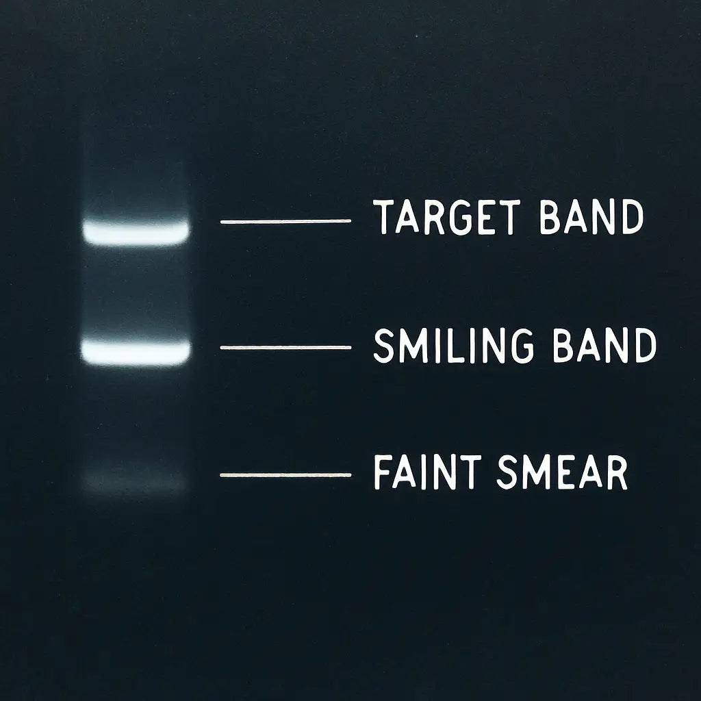A close‑up view of an agarose gel with labeled bands, showing a sharp target band, a smiling band, and a faint smear. Alt: Interpreting gel electrophoresis band patterns for DNA analysis.