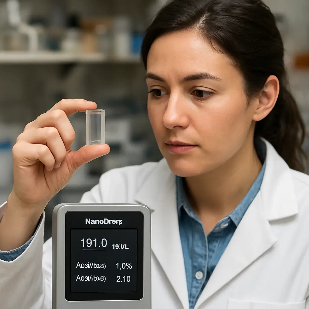 A scientist holding a NanoDrop cuvette, looking at the screen with concentration and purity numbers, lab bench background. Alt: NanoDrop readout showing concentration and 260/280, 260/230 ratios for DNA sample.