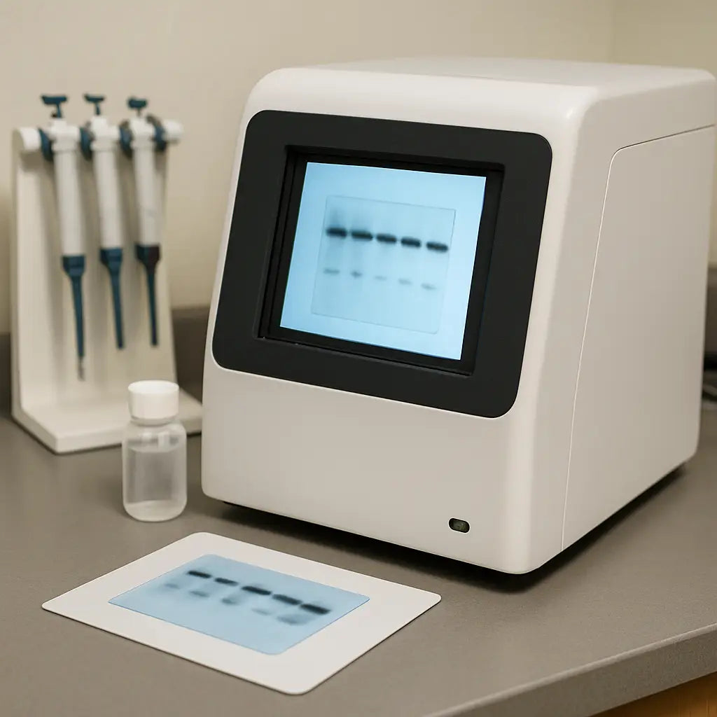 A lab bench with a chemiluminescent imaging system capturing a western blot. Alt: Detection and imaging of western blot signals