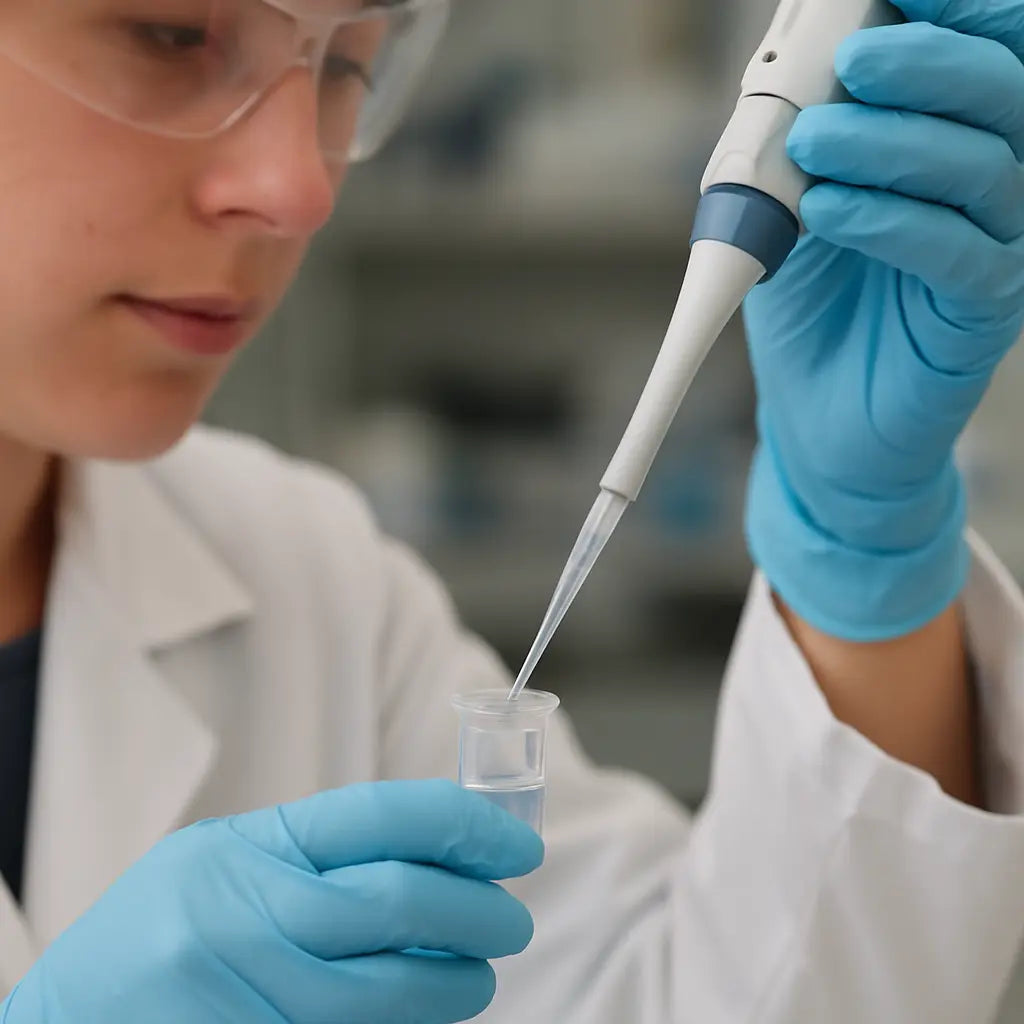 A close‑up of a researcher gently aspirating liquid with a micropipette, tip hovering just below the surface of a clear buffer in a micro‑centrifuge tube. Alt: Proper pipetting technique and safe tip disposal.