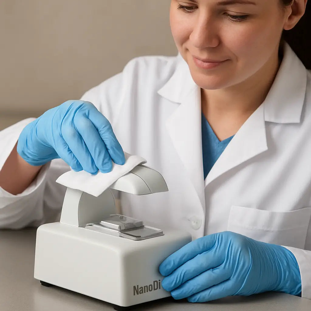 A lab technician gently wiping the NanoDrop’s upper and lower pedestals with a lint‑free, ethanol‑dampened wipe, showing a spotless surface. Alt: NanoDrop cleaning and maintenance guide illustration.