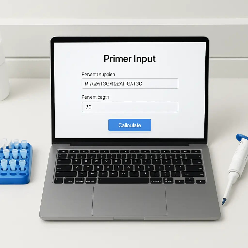 A clean laboratory bench with a laptop displaying a primer input screen, a microcentrifuge tube rack, and a pipette beside it. Alt: PCR annealing temperature calculator setup on a lab bench.