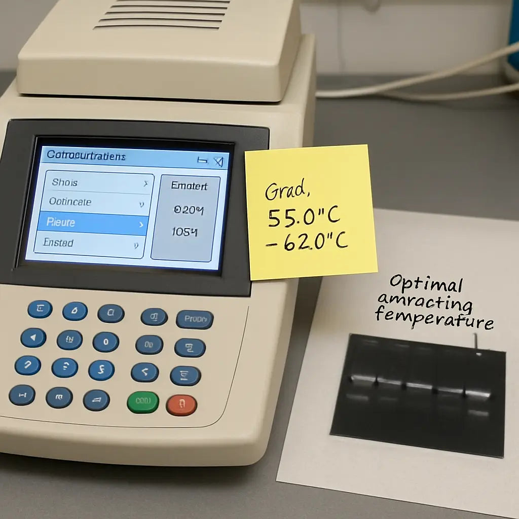 A lab bench with a thermocycler displaying a gradient program on its screen, a sticky note with temperature range, and a gel image showing clear bands. Alt: PCR gradient test run with annotated optimal annealing temperature.
