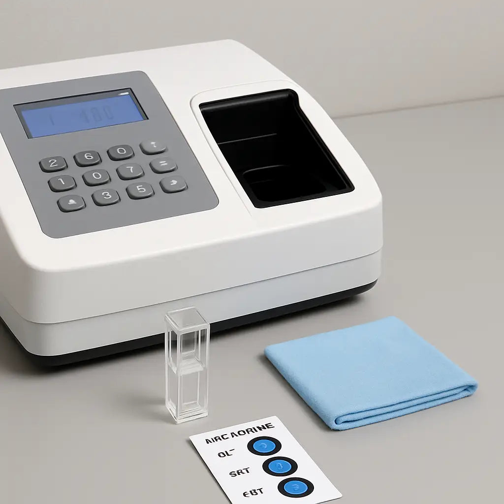 A lab bench with a spectrophotometer, a clean cuvette, a lint‑free cloth, and a humidity indicator panel. Alt: Maintaining a spectrophotometer for long‑term accuracy