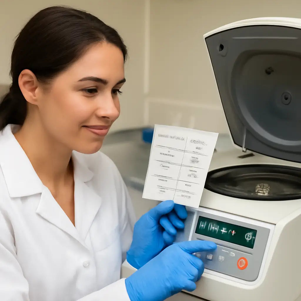 A lab technician checking the digital RPM readout on a centrifuge while holding a printed reference card with radius and RCF values. Alt: rcf to rpm calculator verification step