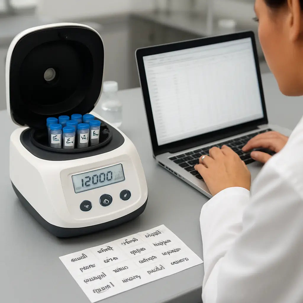 A high‑resolution laboratory scene showing a modern microcentrifuge with labeled tubes, a scientist entering numbers on a laptop, and a printed label sheet nearby. Alt: rpm to rcf calculator guide illustration showing formula and lab equipment.