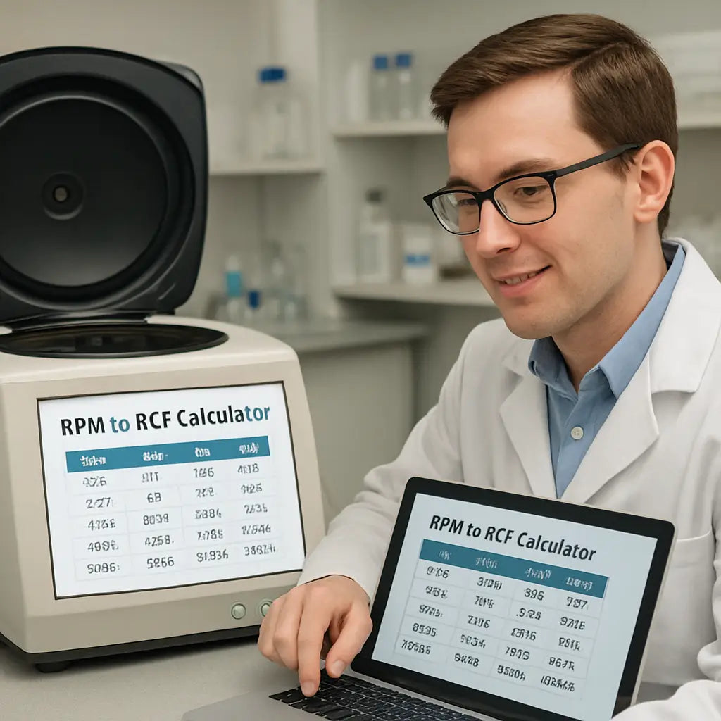 A lab bench with a centrifuge screen showing a calculator table, a scientist comparing different calculator outputs on a laptop. Alt: rpm to rcf calculator comparison table for lab technicians.