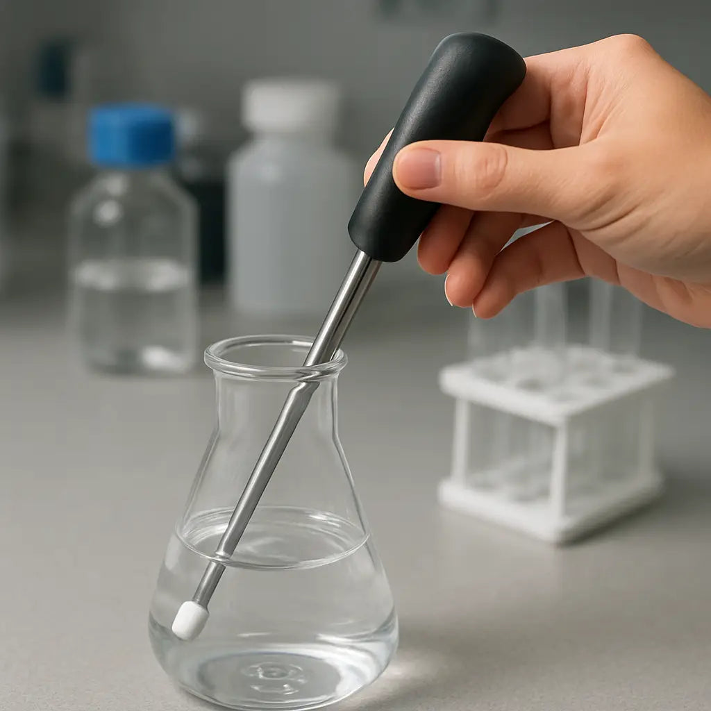 A photorealistic close‑up of a lab bench showing a magnetic stirrer bar retriever being inserted into a glass flask, with a stainless‑steel shaft and a magnetic tip, realistic lighting, emphasizing the tool’s length and ergonomic handle. Alt: magnetic stirrer bar retriever in use on a laboratory bench.