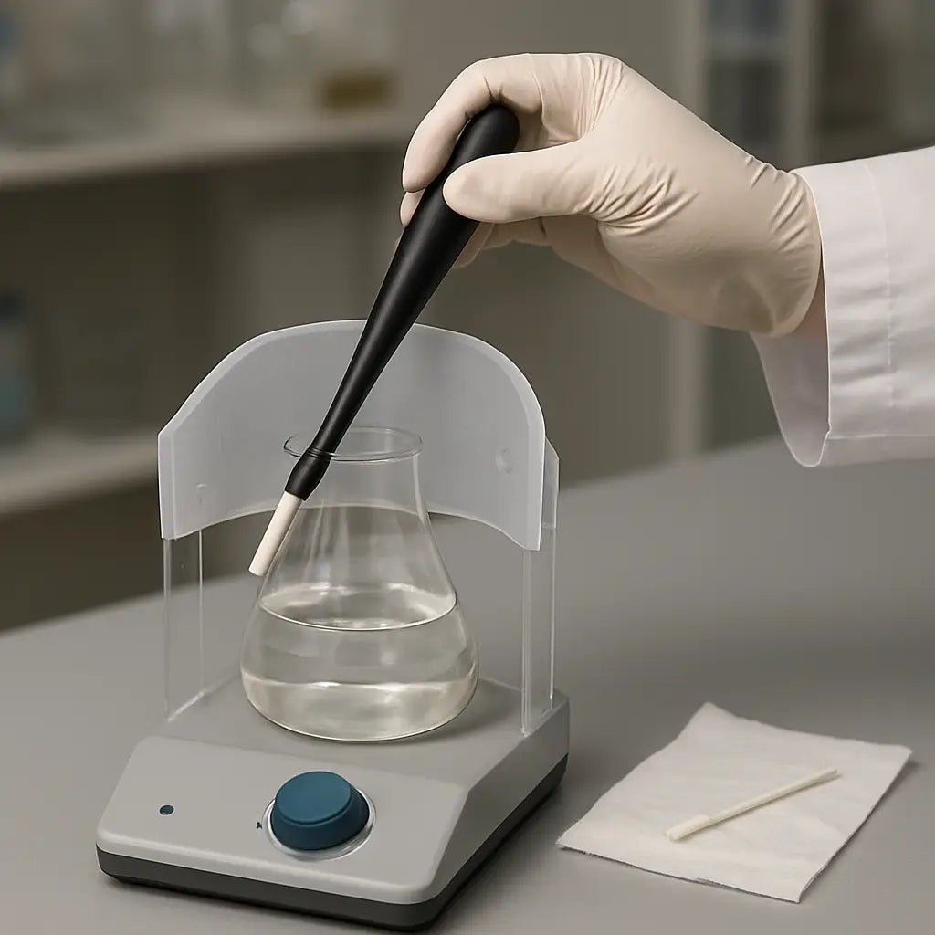 A photorealistic lab bench showing a scientist using a magnetic stirrer bar retriever to lift a stir bar from a glass flask, with a silicone splash guard, acrylic stand, and ethanol‑wiped tip. Alt: magnetic stirrer bar retriever troubleshooting steps visual guide.