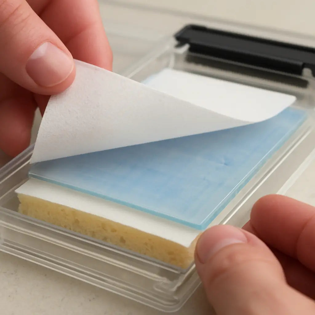 A close‑up of a wet transfer cassette being assembled, showing sponge, filter paper, gel, and PVDF membrane layers. Alt: western blot gel and membrane preparation for transfer