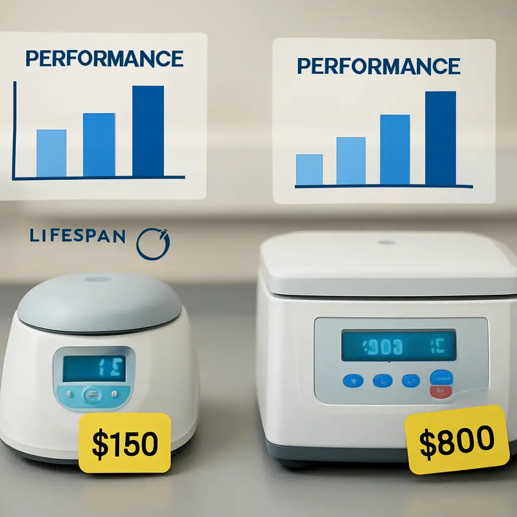 A lab bench showing a compact microcentrifuge next to a larger benchtop centrifuge, with price tags and performance charts overlayed. Alt: Comparison of cost, performance, and lifespan between microcentrifuge and centrifuge.