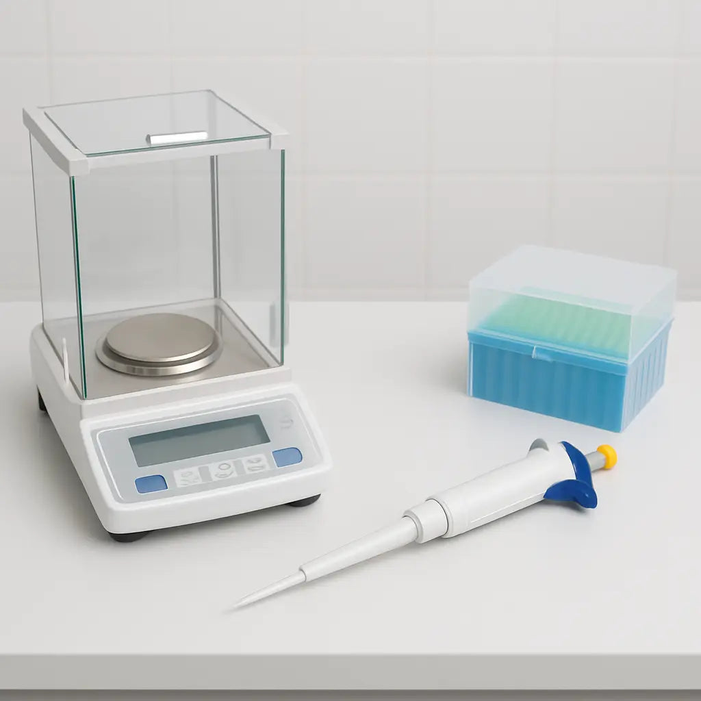 A clean laboratory bench with an analytical balance, a micropipette, and a tip box neatly arranged. Alt: Micropipette calibration workspace with balanced equipment and clear workspace.