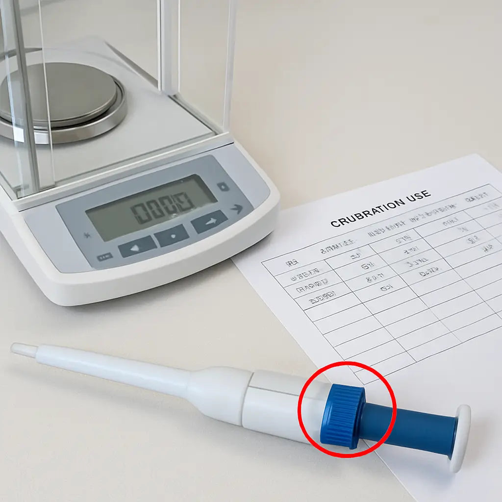 A lab bench with a calibrated analytical balance, a micropipette with its adjustment screw highlighted, and a printed calibration log sheet beside it. Alt: Detailed view of pipette adjustment and calibration documentation process.
