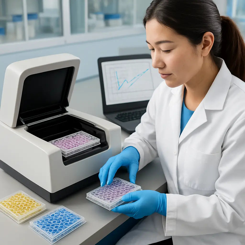 A high‑resolution laboratory scene showing a researcher loading a 96‑well microplate into a sleek microplate reader, with colorful assay plates and a laptop displaying data graphs. Alt: Microplate reader in use in a genomics lab