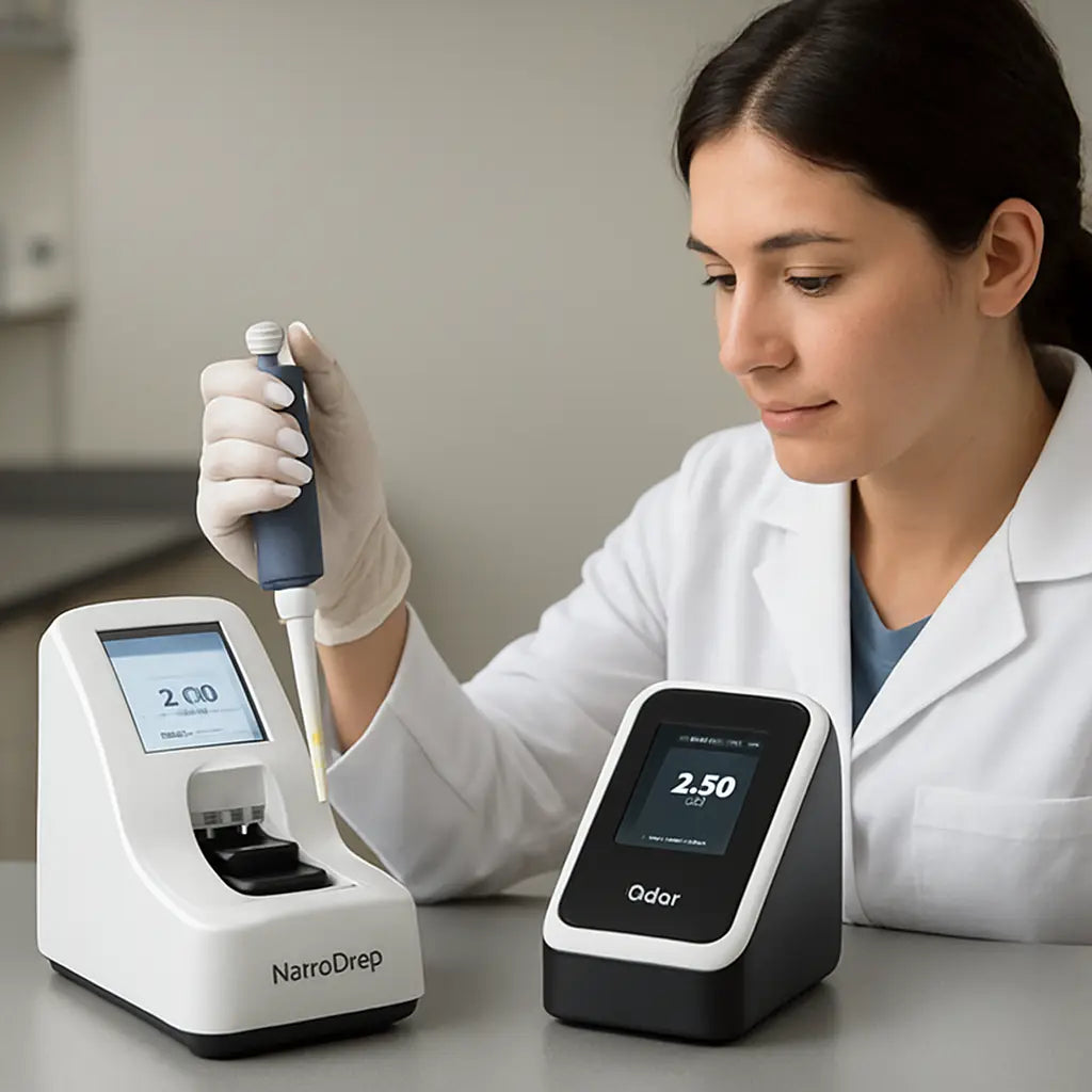 A laboratory bench with a NanoDrop spectrophotometer next to a Qubit fluorometer, a pipette in hand, and a researcher looking at a digital readout. Alt: NanoDrop and Qubit side-by-side on a lab bench.