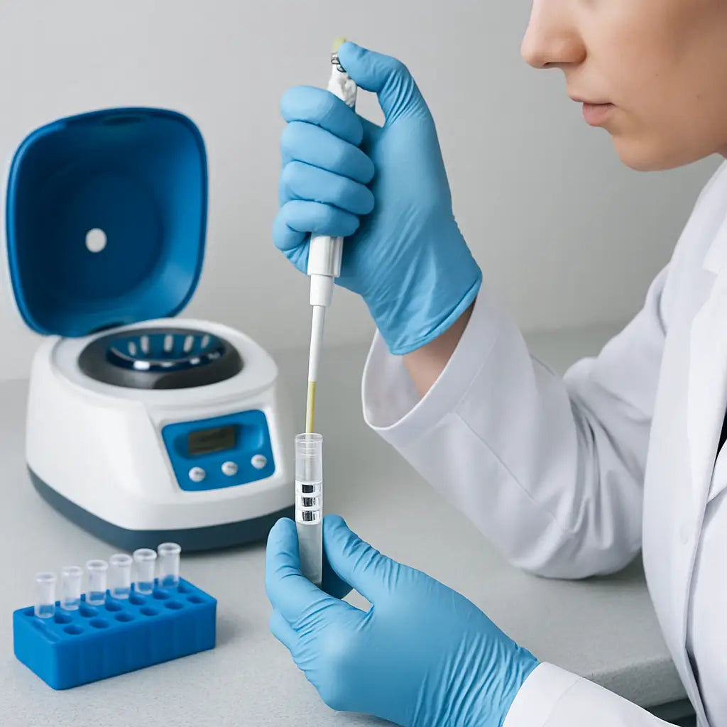 A laboratory bench showing a microcentrifuge, PCR tubes, and a DNA sample in a clear tube, with a researcher pipetting the template. Alt: DNA template preparation for PCR