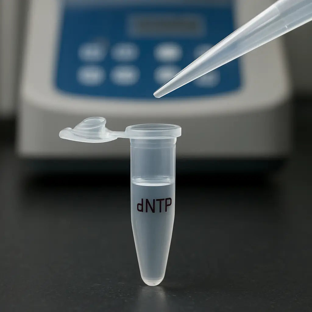 Close‑up of a microcentrifuge tube filled with a clear solution of dNTPs, a pipette tip hovering, lab bench with a thermal cycler in the background. Alt: dNTP mixture ready for PCR.
