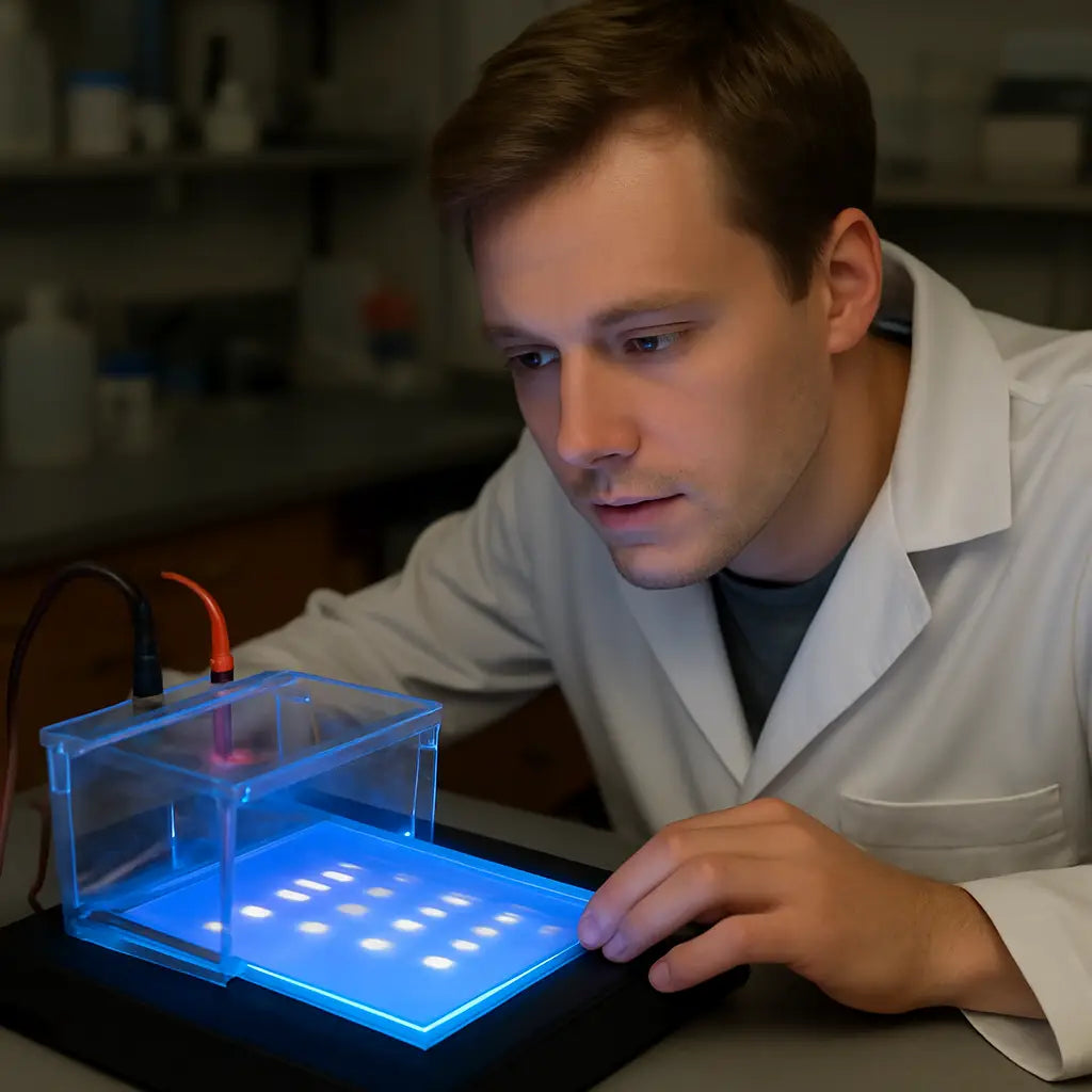 A lab bench with an open gel electrophoresis box, a UV transilluminator glowing, and a researcher examining bands. Alt: Interpreting PCR gel results and troubleshooting steps.