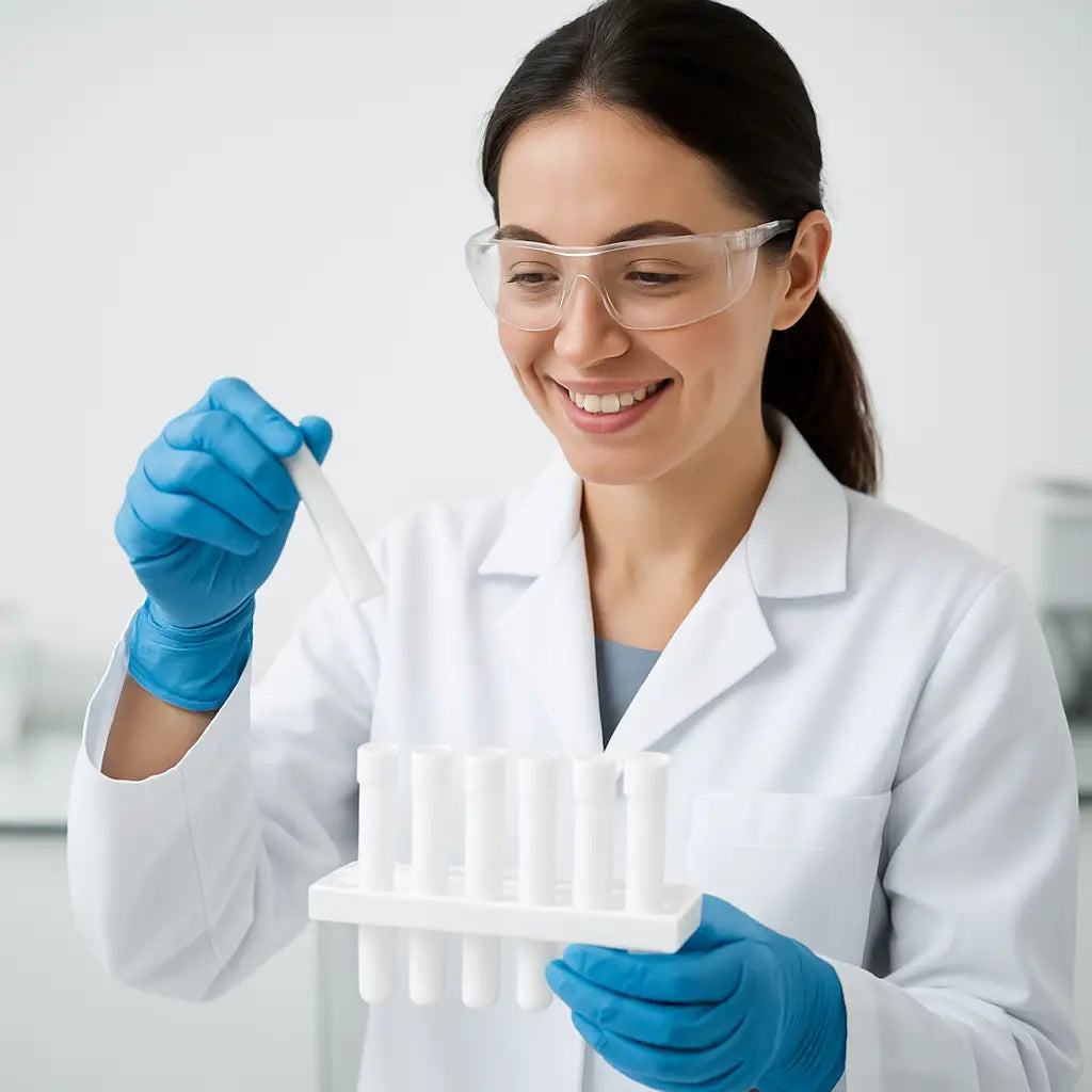A scientist handling polystyrene tubes in a clean lab, with a bright white background. Alt: Polystyrene tubes in laboratory setting.