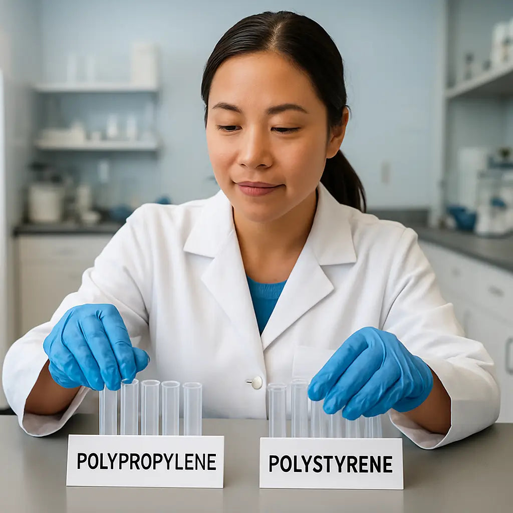 A research scientist arranging polypropylene and polystyrene tubes on a bench, labeled 'polypropylene vs polystyrene tubes', with a clear lab setting. Alt: Polypropylene and polystyrene tubes on a lab bench.