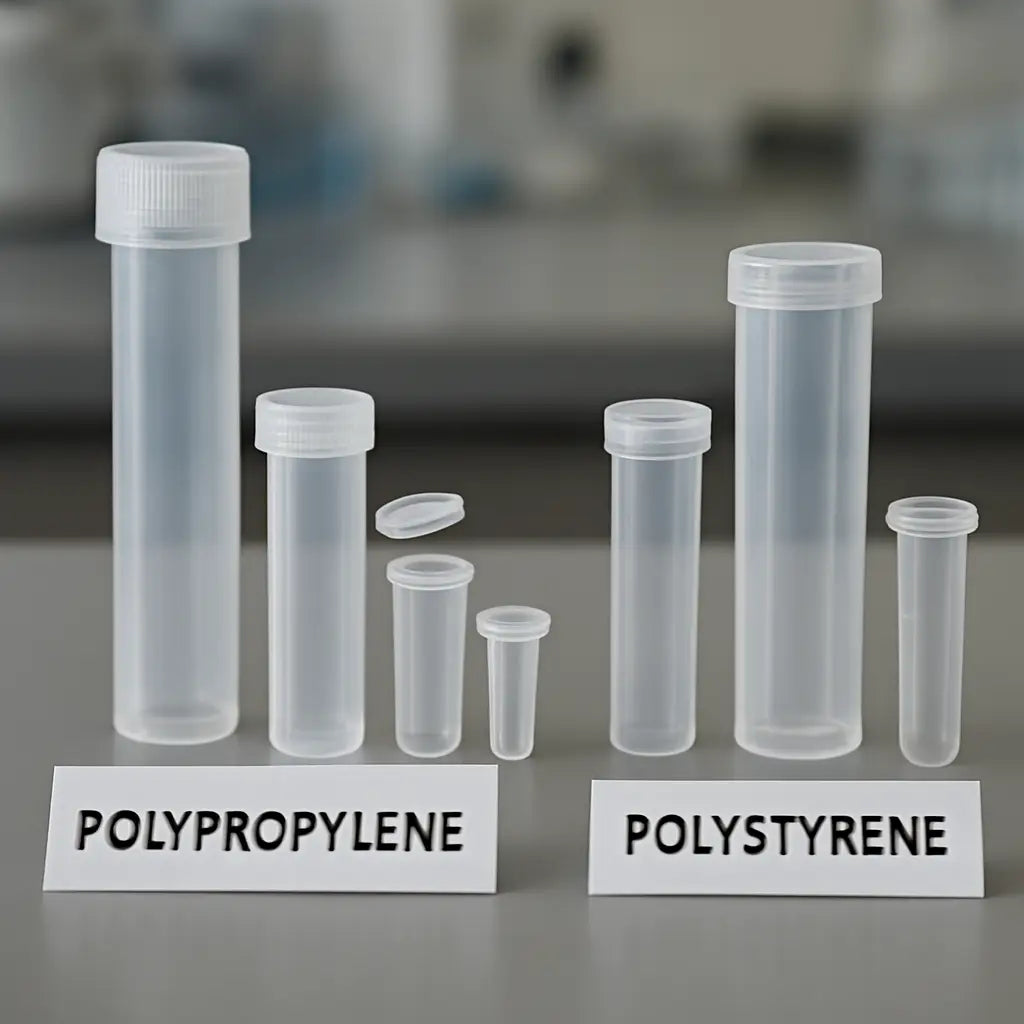 A laboratory bench with polypropylene and polystyrene tubes labeled, showing differences in size and seal types. Alt: Polypropylene and polystyrene tubes on a lab bench.