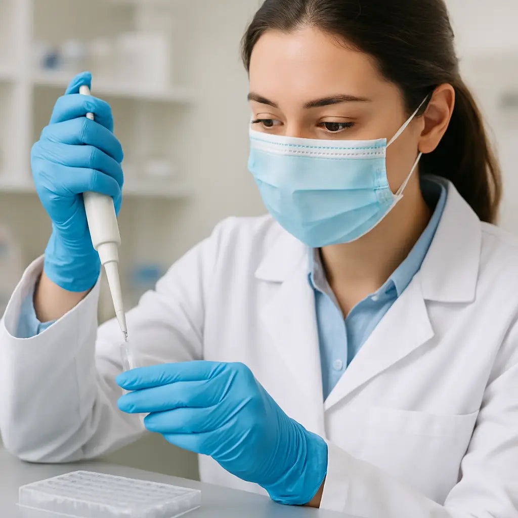 A lab technician holding a microcentrifuge tube with a clear liquid, ready to pipette into an ELISA plate. Alt: Sample collection and preparation for ELISA procedure steps