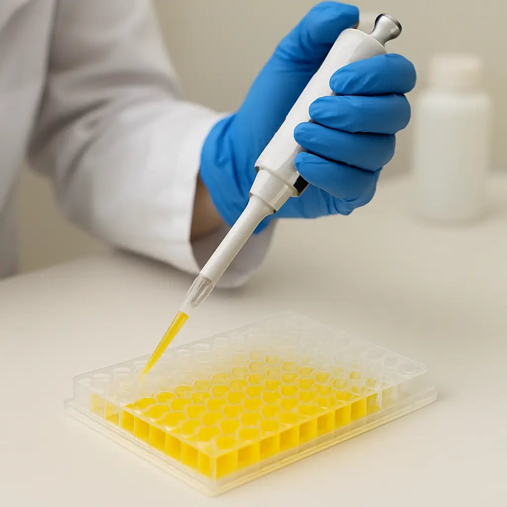 A lab technician adding TMB substrate to a 96‑well ELISA plate with a pipette, showing bright yellow wells after stopping the reaction. Alt: ELISA substrate addition and color development step.