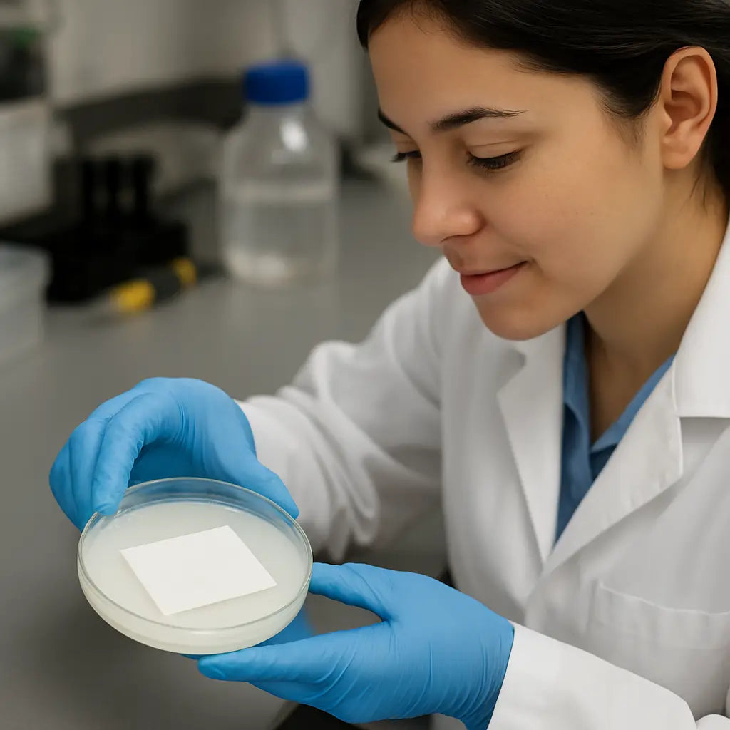 A lab bench with a researcher gently rocking a petri dish containing a membrane immersed in a milky blocking solution. Alt: blocking step western blot membrane in milk buffer, improving signal-to-noise ratio.