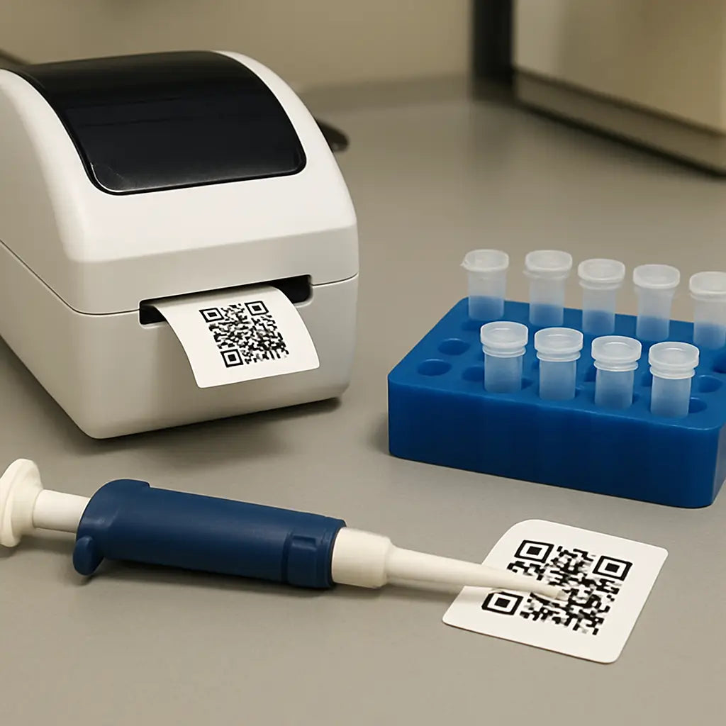 A lab bench with chilled microcentrifuge tubes, a pipette, and a label printer printing QR‑code labels for samples. Alt: Sample preparation for trizol rna extraction protocol showing chilled tubes and labeling equipment.