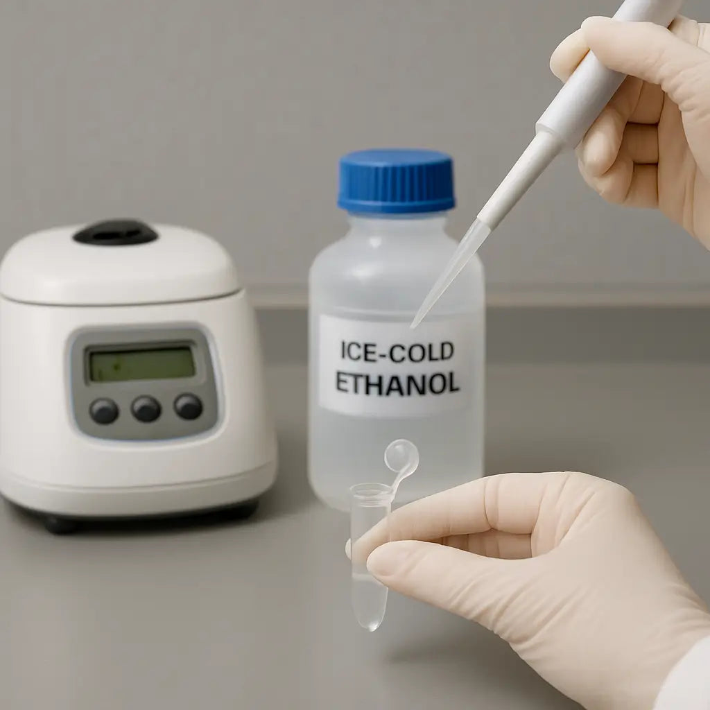 A lab bench with a microcentrifuge, ice‑cold ethanol bottle, and a clear RNA pellet being resuspended in RNase‑free water. Alt: RNA washing step in trizol rna extraction protocol.